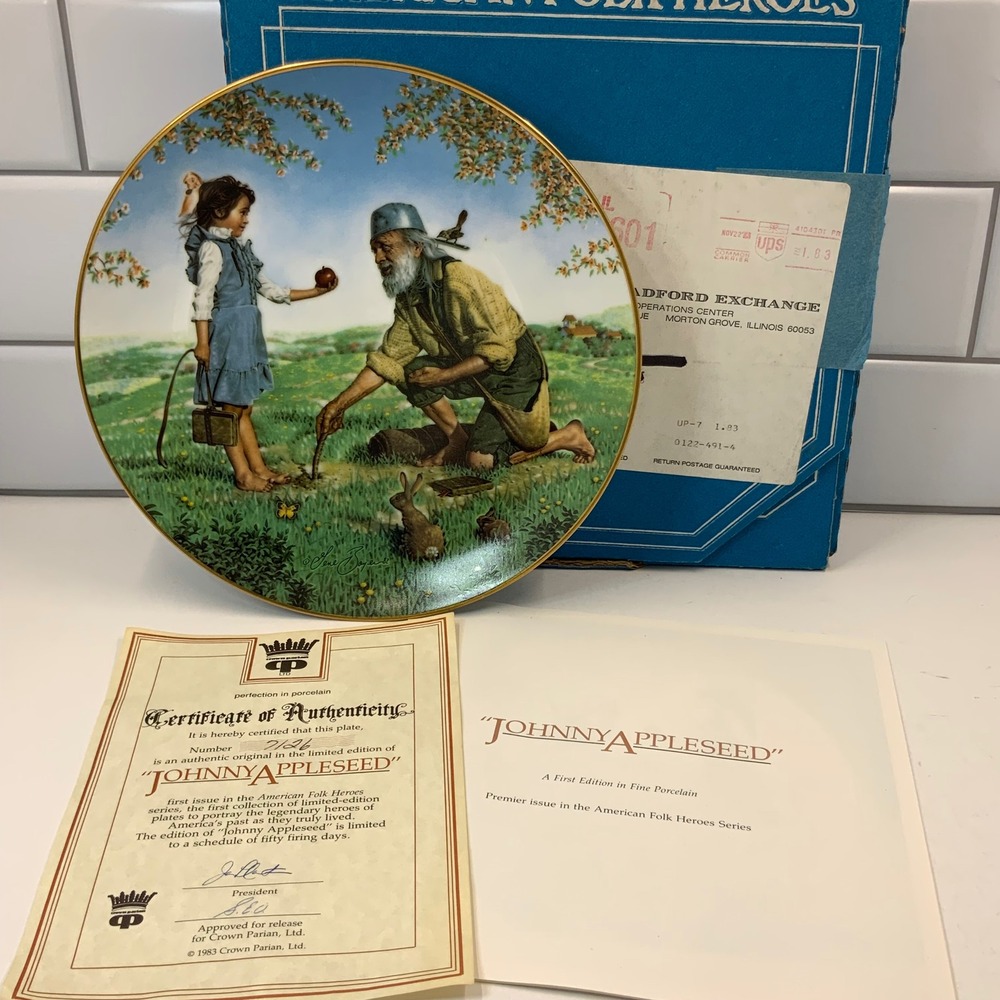 Crown Parian Johnny Appleseed Collector Plate 1983‎ American Folk Heroes COA Box